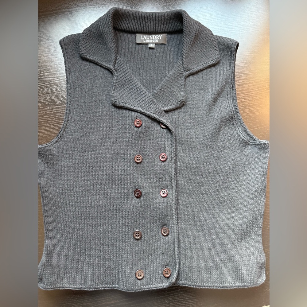 Laundry by Shelli Segal Double Breasted Knit Vest Black Cotton Blend L - Picture 8 of 11